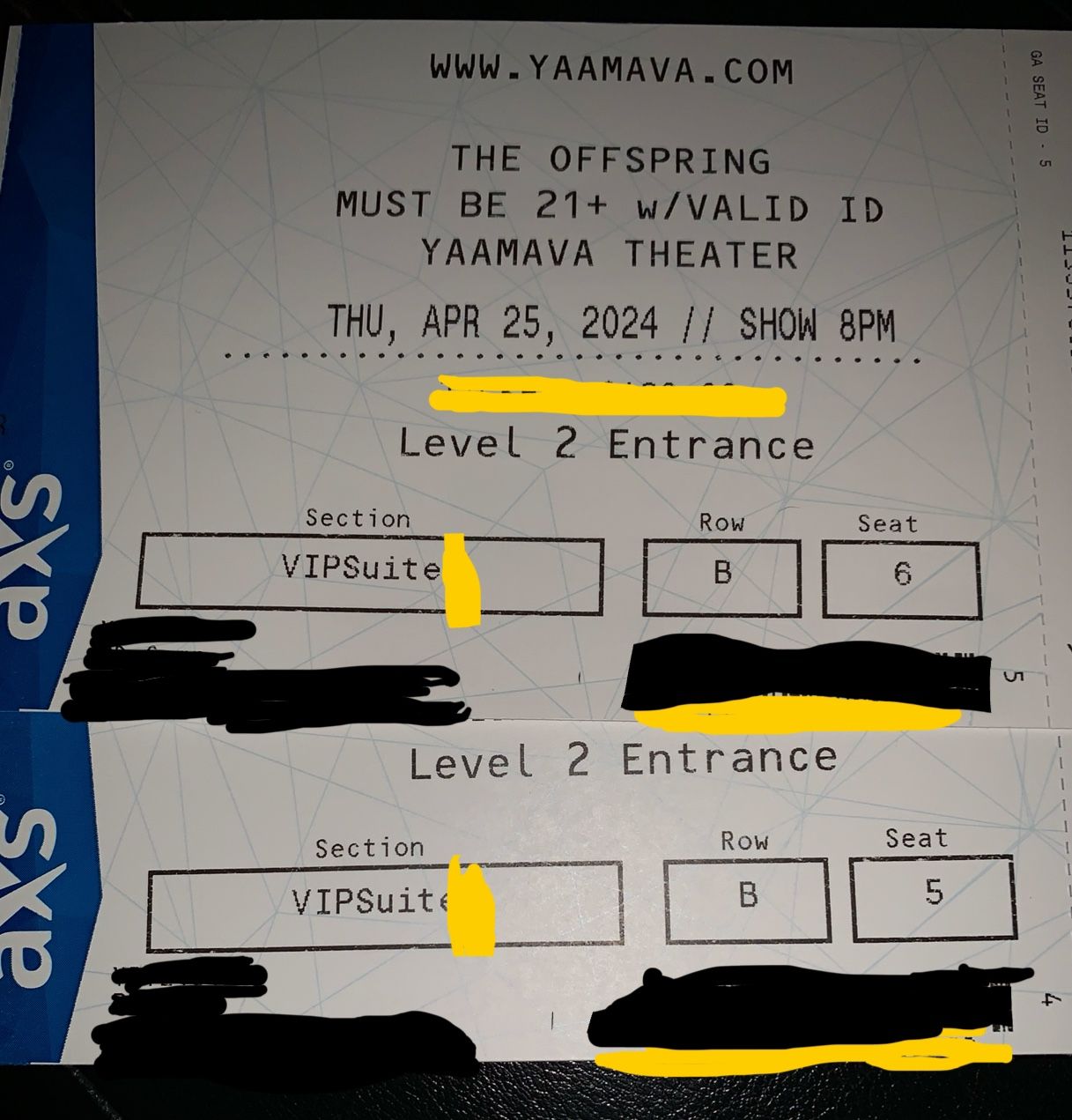 $800- Suite  4 “THE OFFSPRING” At Yaamava 8:00 (2 Tix)