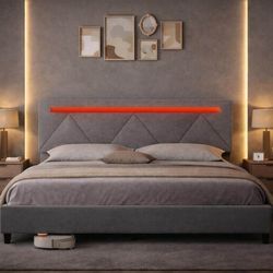 King size bed frame with LED Headboard, Upholstered Platform, Charging Station, gray D-43