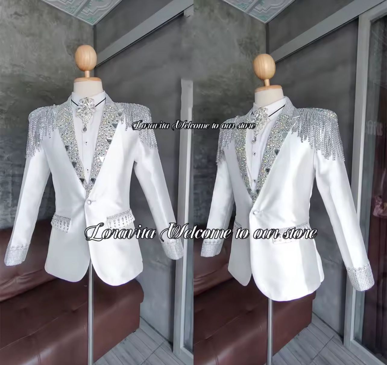 Luxury White Men Gem Diamond Suit Jacket + Black Pants