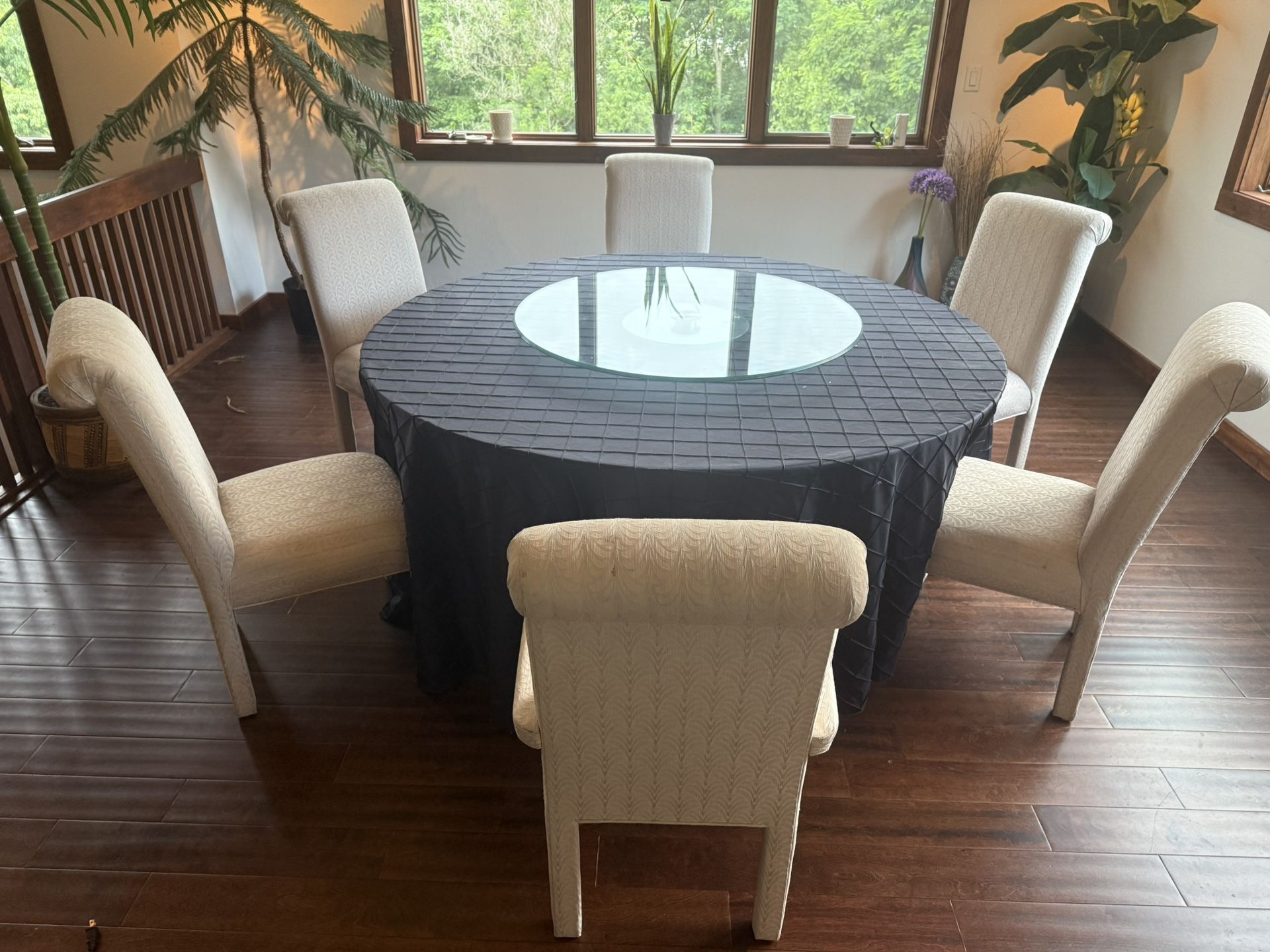 Dining Set: 72 Inch Round Dining Table With Six Chairs And 40” Glass Lazy Susan