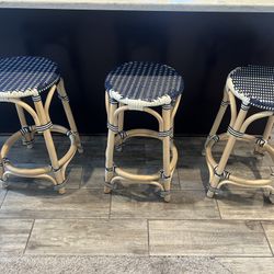 KOUBOO Bistro Backless Counter Stool, Handmade, Rattan, Kitchen Island Seating, Kitchen Stool, Boho Decor, White & Navy