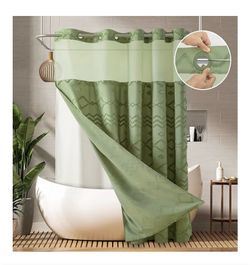 PANGSINNE No Hooks Shower Curtain with Snap-in Liner, Sage Green Boho Tufted Chevron Striped Textured Shower Curtains for Bathroom, Water Repellent Lu
