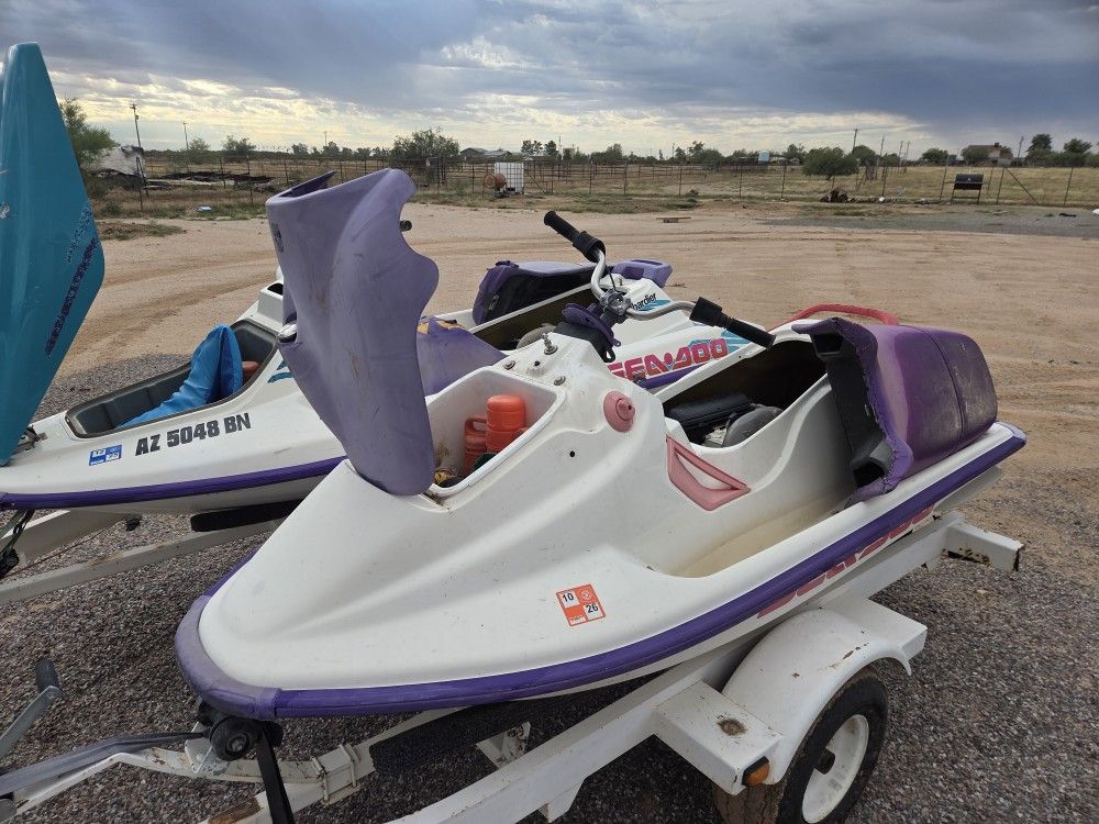Pair Of Jetskis With Trailer Used Seadoo 1994