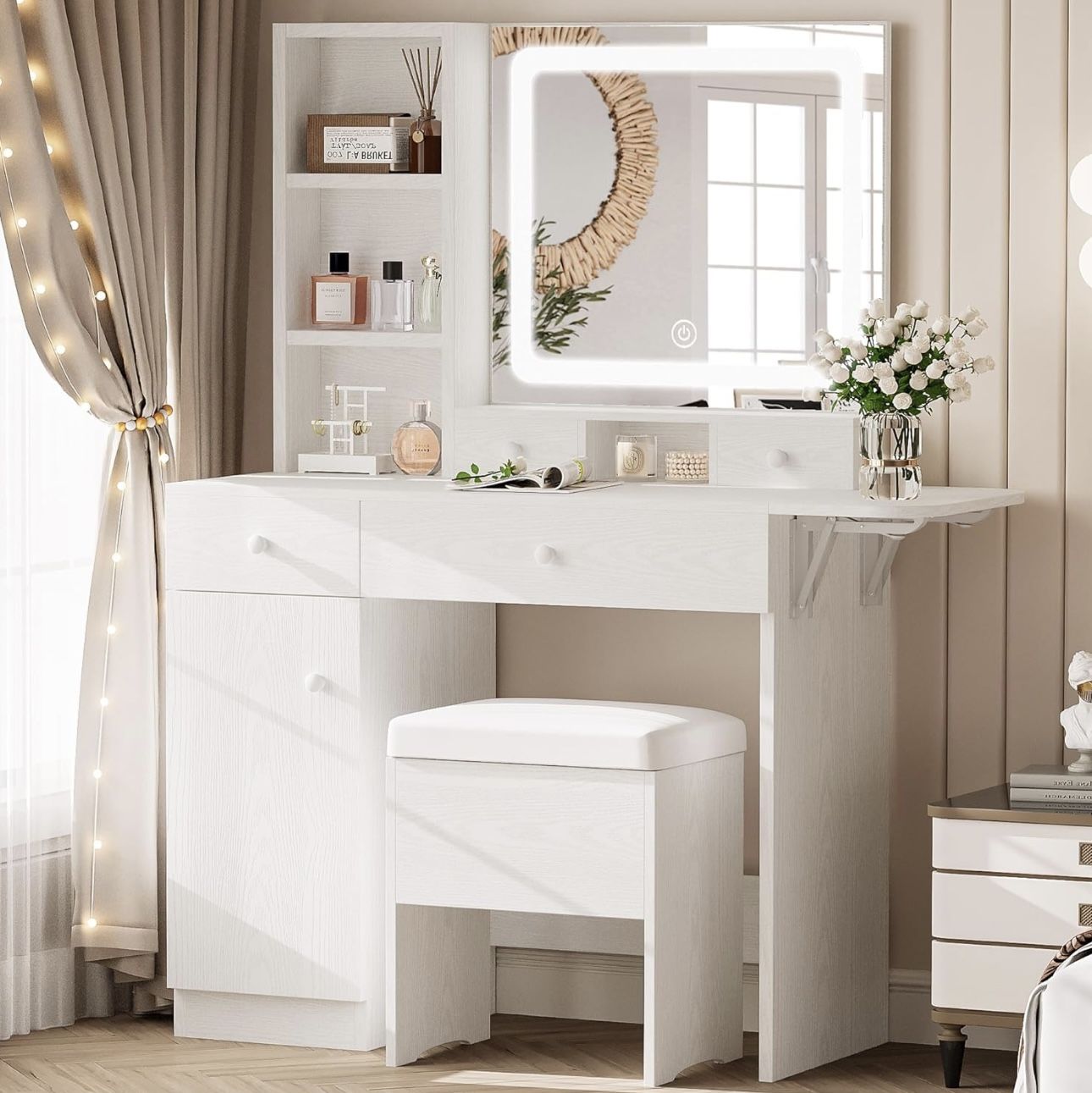 LIKIMIO Vanity Desk with Drawers & LED Lighted Mirror & Power Outlet & Cabinet, White