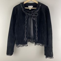 Vintage 90’s Black Leather Suede Academia Lolita Grunge Lace Trim Jacket
