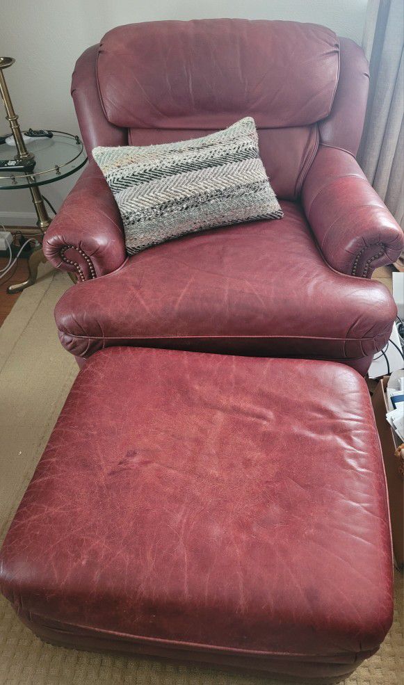 Thomasville Burgandy Leather Chair Ottoman