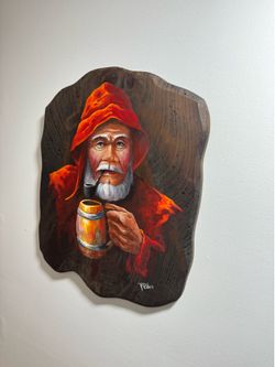 🖼️ Vintage Oil Painting on Wood – Rustic Old Man w/ Pipe & Mug