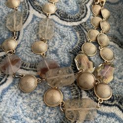 Doyle Strand Gold Tone And Heavy Beige Stone Necklace 18” Extend To 20”