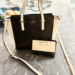 Kate Spade Black and White Satchel Purse with matching wallet