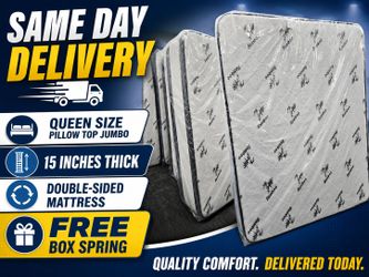 Same day delivery queen size 15-in thick pillowtop jumbo mattress with free box spring