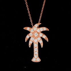 14K Pink Rose Gold Round Pave Diamond Beautiful Peaceful Coconut Tree Palm Tree Pendant Chain Necklace 18"