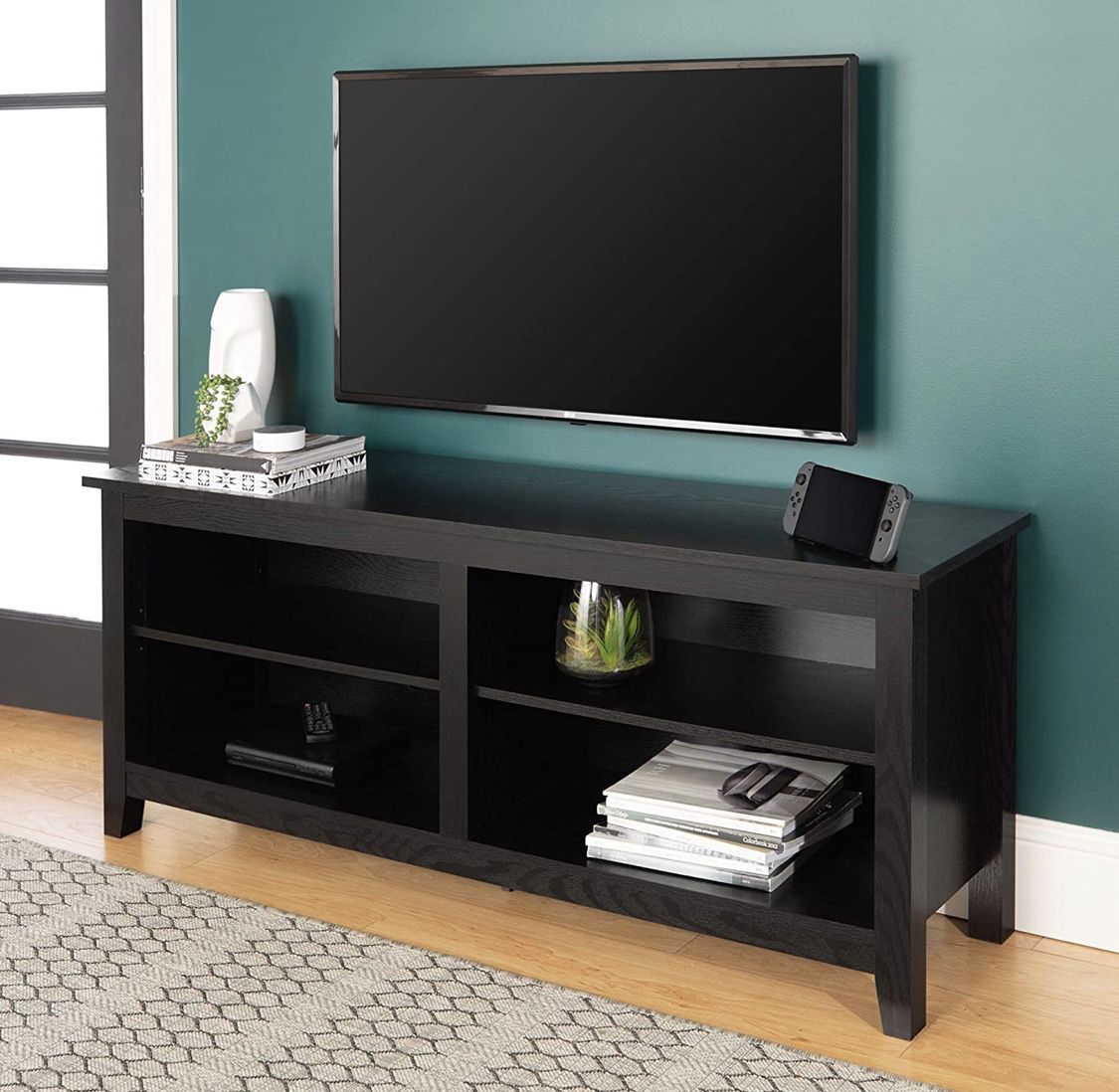 Classic 4 Cubby TV Stand for TVs up to 65 Inches, 58 Inch, Black