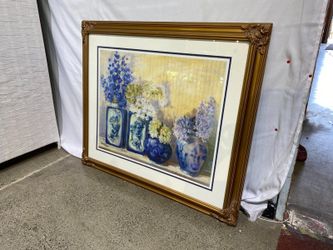Blue & White Still Life Framed Floral Print in Gold Frame by Carol Rowan