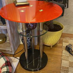 Red Tempered Glass & Black Marble Pedestal Table