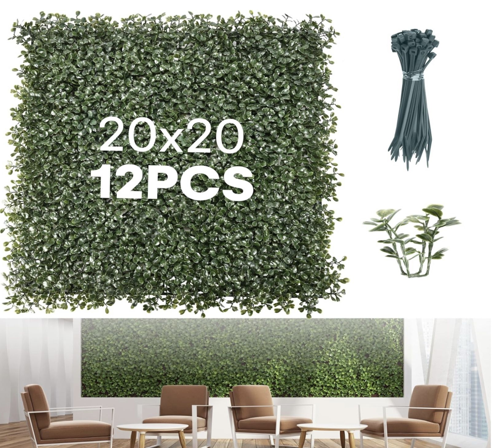 Flybold Plant Wall Panels Pack of 12-20"x20" Artificial Greenery Panels with UV