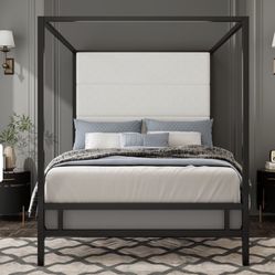Modern Canopy Bed with 76.5" Tall Velvet Fabric Upholstered Headboard Metal 4-Poster Queen Size Bed Frame - New In Box 