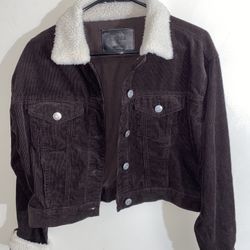 Refuge Denim Button Up jacket Women's Small Chocolate Brown Corduroy With Fleece