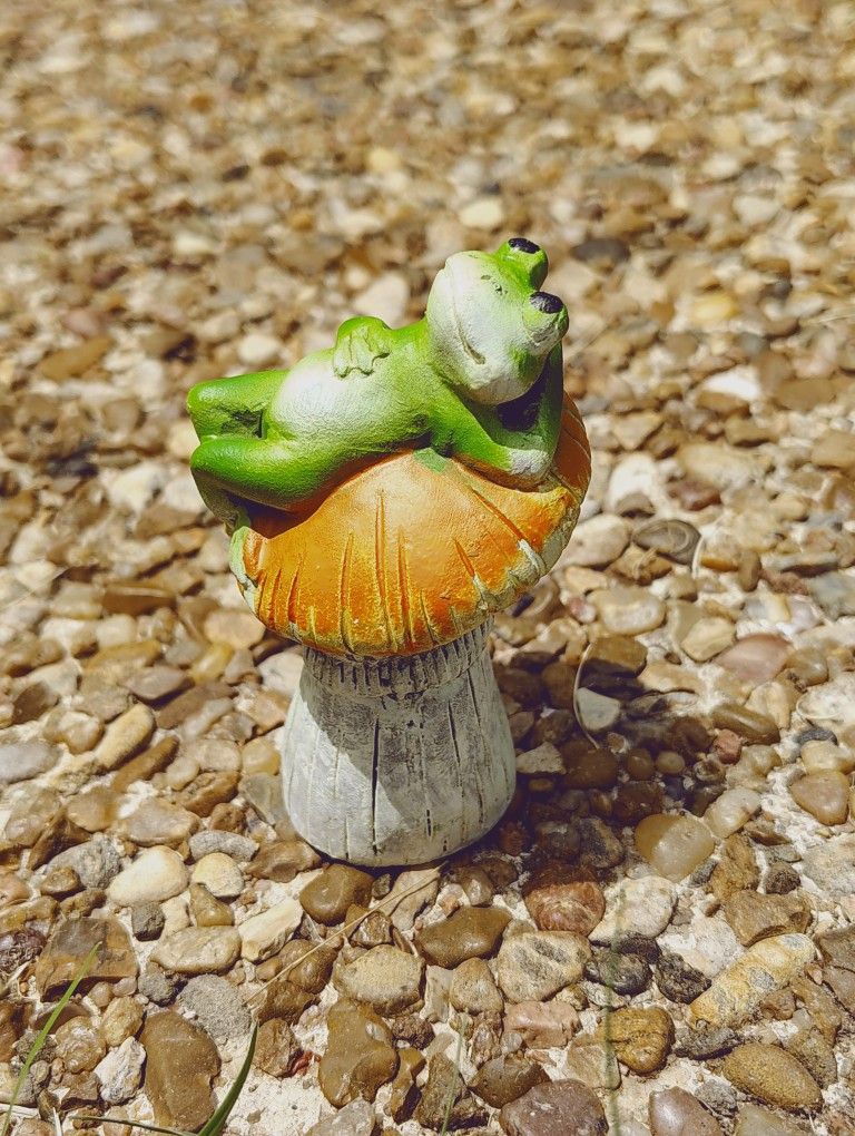 Mini Fairy Garden Cement Frog Laying On Orange Mushroom Sky Gazing