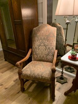 Great olive green & gold tone upholstered & carved wood arm chair