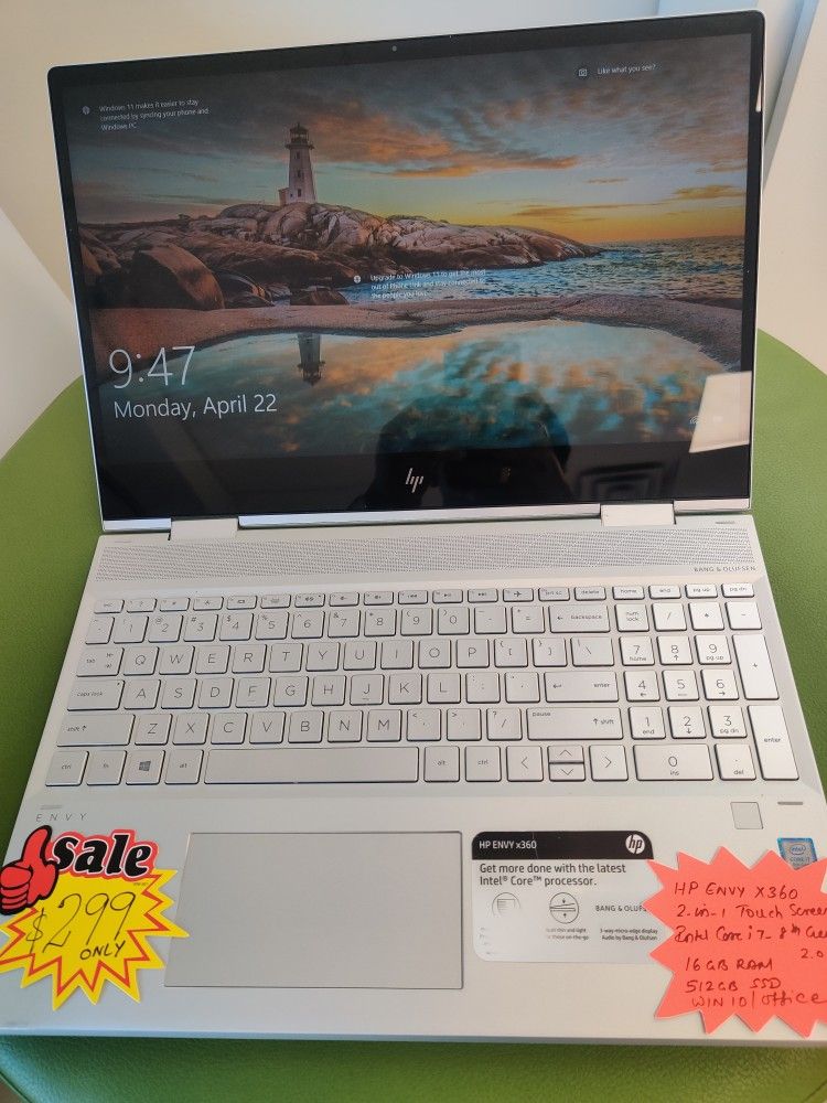 HP Envy X360 2-in-1 Convertible Touch Screen Intel i7-8th Gen, 16gb Ram, 512gb SSD, Win 10 Office Charger.