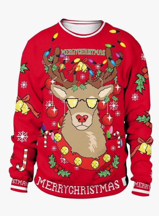 Unisex Size S  Ugly Christmas Red Reindeer. 100% Polyester. Colorful House.