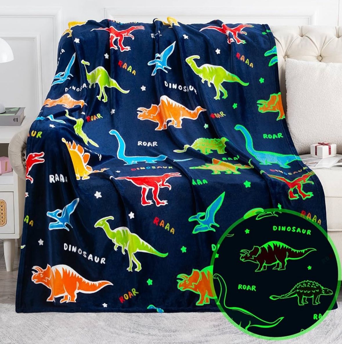 New Dinosaur Glow in The Dark Blanket Dino Throw Blanket