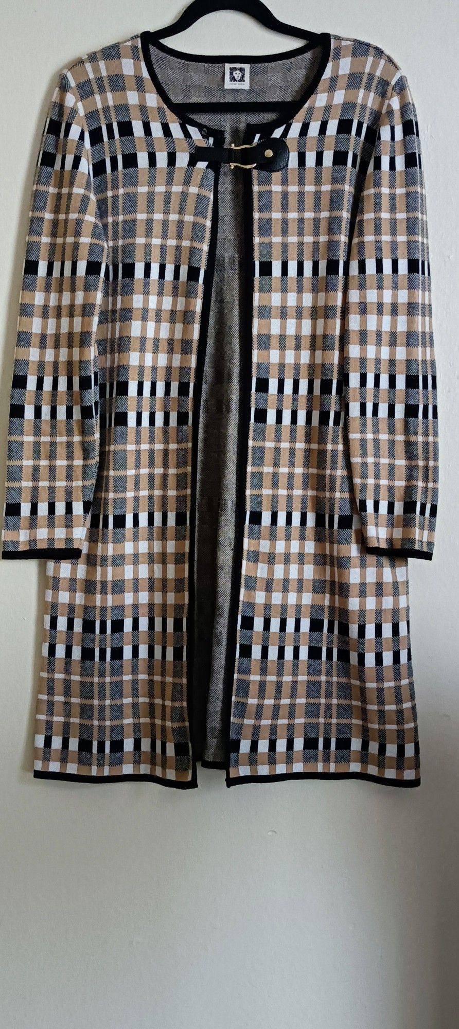 Anne Klein Camel Hounds Tooth Long Sweater/Jacket With Leather Clasps