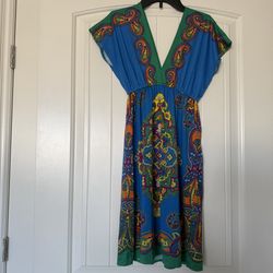 Vibrant Boho Paisley Mini Dress 🌈 Deep V Neck Festival Summer Dress | Blue & Green Statement Piece | Size S (Forever 21) ✨