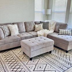 COSTCO Gray Chenille Sectional Couch And Ottoman 