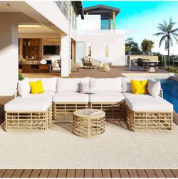 7 Pieces Outdoor Patio Furniture Sectional Sofa Set with Coffee Table,