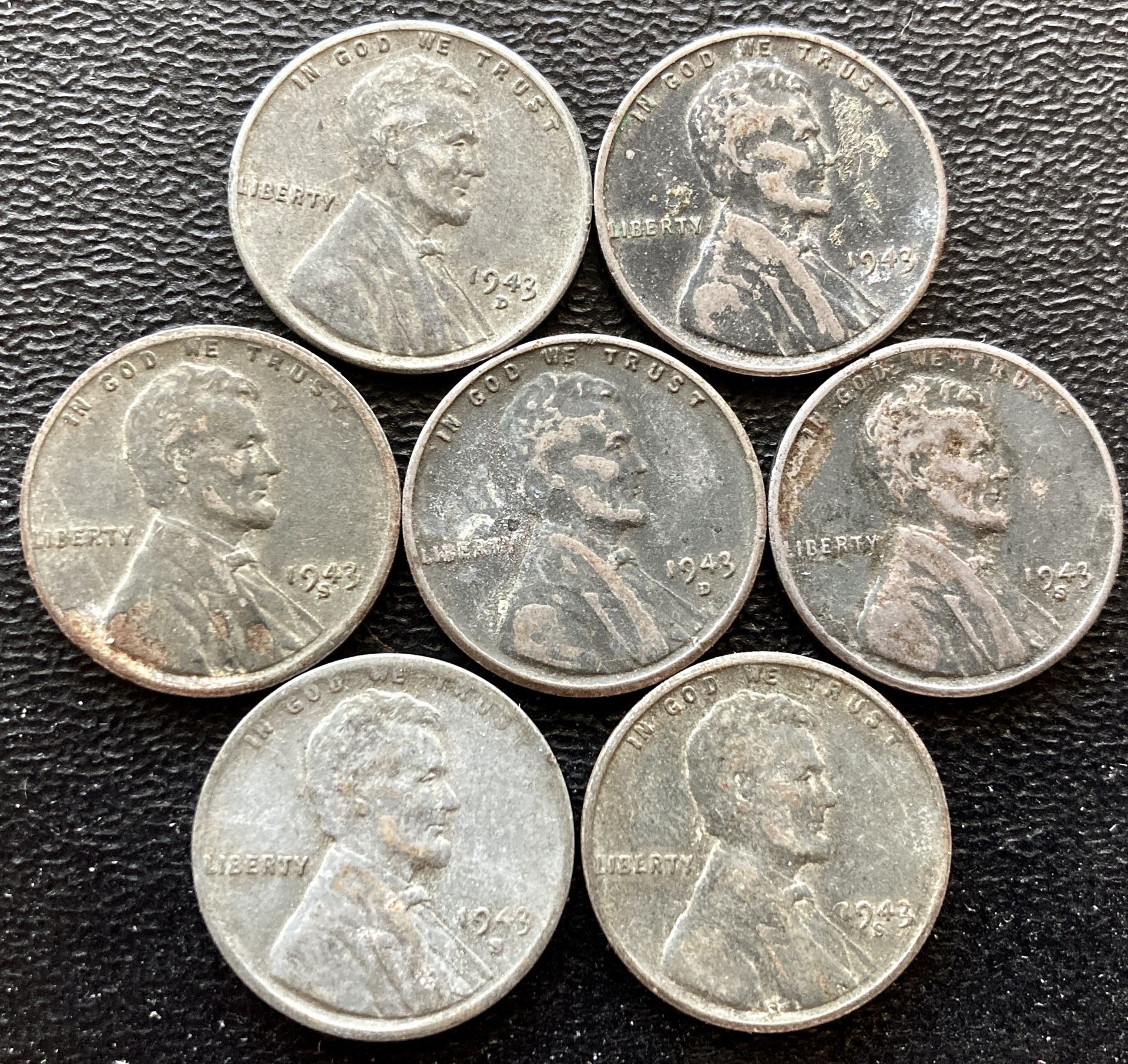 7 For $15 Steel Pennies WW2 Wartime 1943 Wheat Penny Steelie Coins US Cents WWII