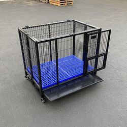 (NEW) $150 Folding Dog Cage 37x25x33” Heavy Duty Single-Door Kennel w/ Plastic Tray 