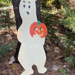 Rare Vintage Plastic Halloween Ghost With Pumpkin Yard Decoration