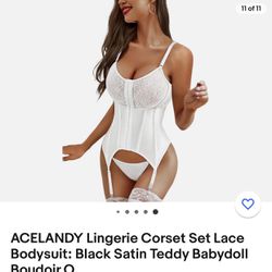 ACELANDY Lingerie Corset Set Lace Bodysuit: Black Satin Teddy Babydoll Boudoir O