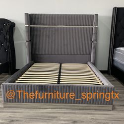 Grey Velvet Modern Platform Bed Frame 🛏 