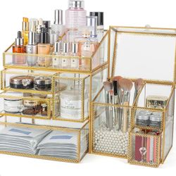 4PCS Gold Glass Makeup Organizers with Drawers and Glass Brush Holder - Stylish Glass Cosmetic Organizer for Vanity, Brass Accents, Glass Make Up Orga