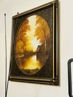 Large Framed Landscape Painting – Cabin & River Scene | Bought for $250