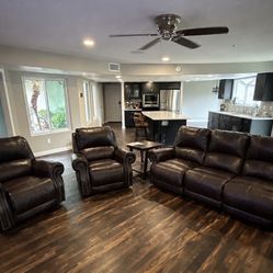 3-Piece Ashley Furniture Brown Leather Reclining Sofa and Recliner Set with Nailhead Trim
