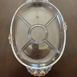 Large Vintage Divided Glass Serving Dish w/ Gold Floral Accents
