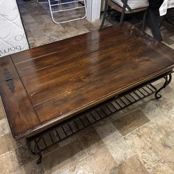 Coffee Table — Wood & Metal With One Drawer And A Top Drop Leaf Covered Storage