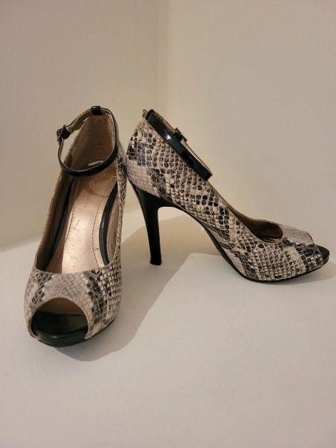 BCBGeneration Snakeskin Peep Toe Heels