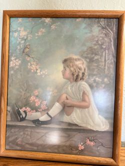 Vintage Framed Girl with Bird Print