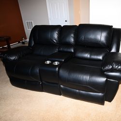 2 Seater Leather Recliner Sofa With Light And Cup Holder