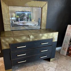 Studded Gold And Black Dresser And Mirror