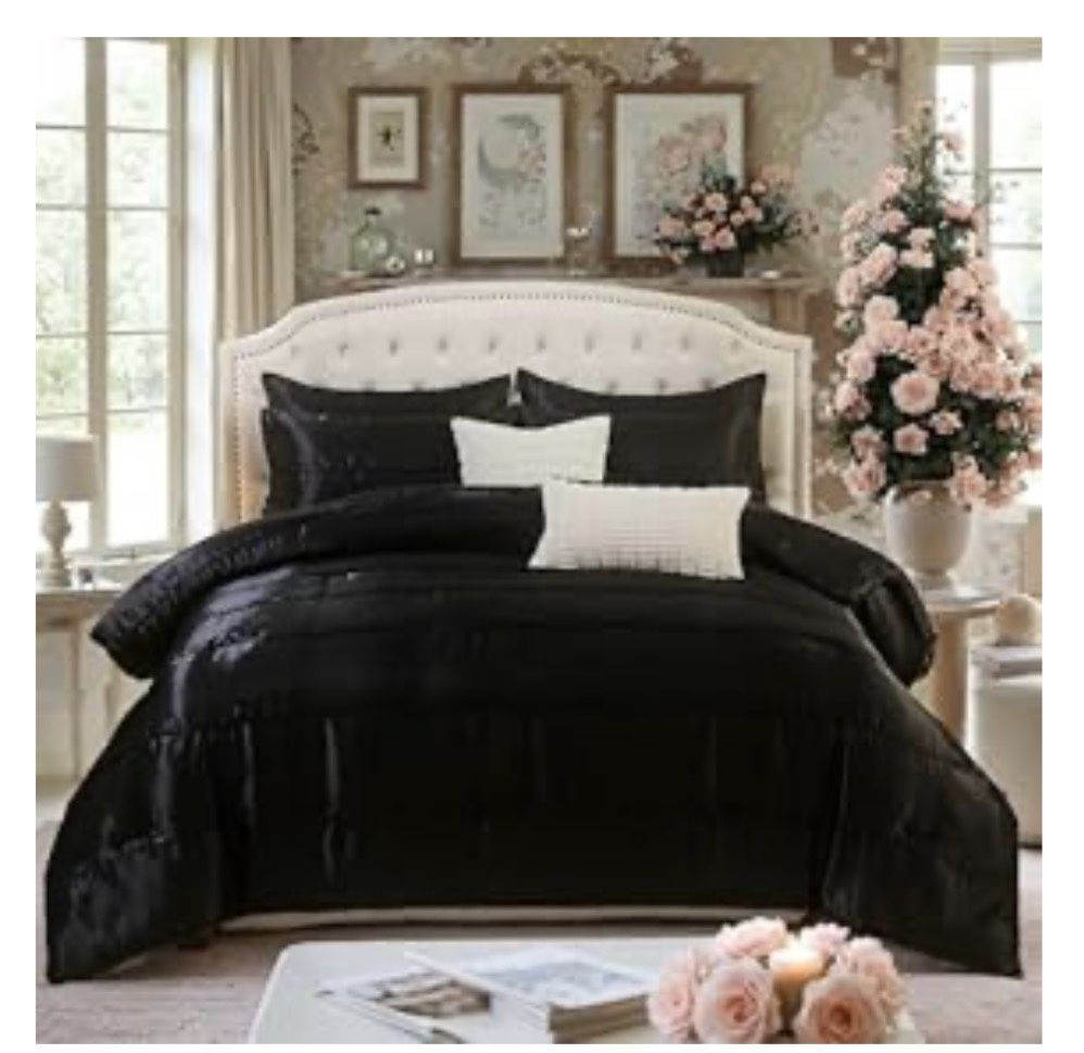 Satin Comforter Set – King Size (Black) | 8-Piece Bed-in-a-Bag