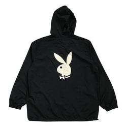 PLAYBOY HOODIE XL MENS BLACK WINDBREAKER PULLOVER BUNNY LOGO HEFNER AOP VINTAGE