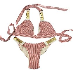 Rare Beach Bunny Red/White Striped Bikini With Gold Studs Over Leather