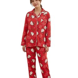 Hello Kitty Cartoon Red Pajama Set Multicolor Button Long Sleeve Women
