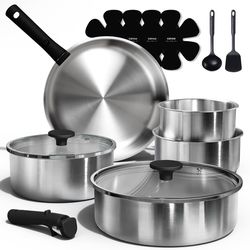 15 PCS Stainless Steel Nonstick Cookware Set Pots Pans Induction Dishwasher Oven Safe Detachable