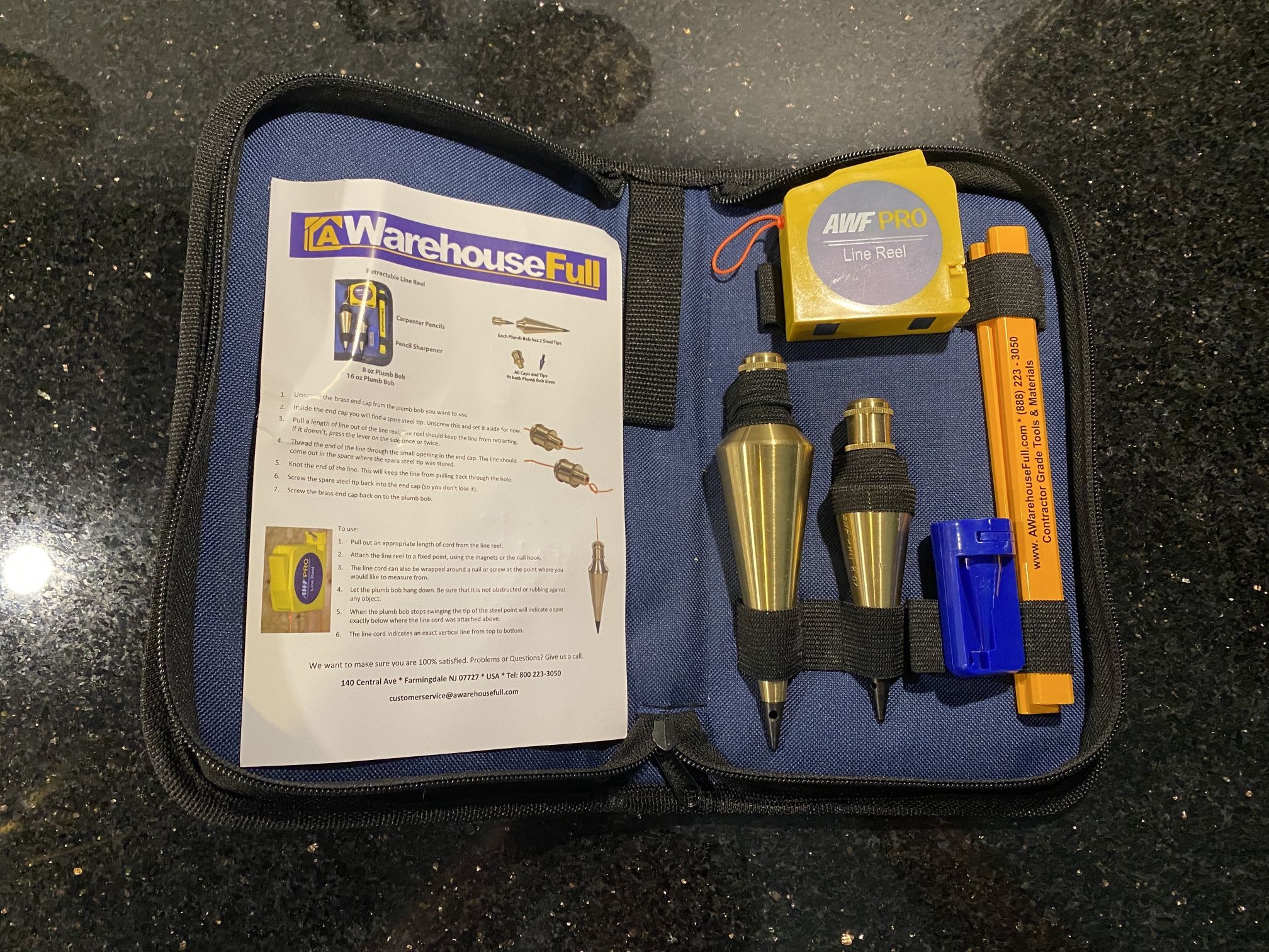 AWF PRO Solid Brass Plumb Bob Kit 14 ft Line Reel 2 Pencils Sharpener & Case